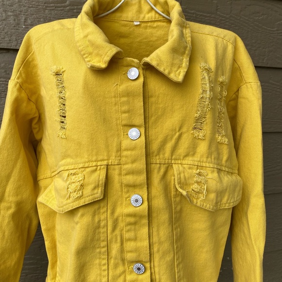 Women's Ripped Distressed Button-Up Denim Jacket Yellow Size XS - Picture 4 of 15